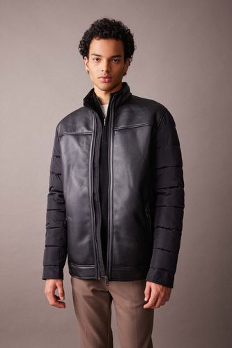 Slim Fit Stand Collar Faux Leather Jacket
