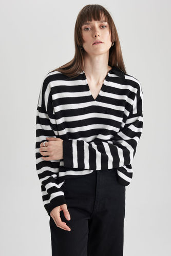 Regular Fit Polo Collar Striped Pullover