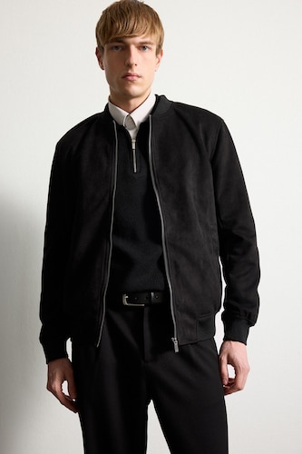 Erkek Siyah Ultra Yumuşak Slim Fit Mevsimlik Bomber Süet Mont Ceket