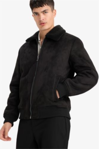 Slim Fit Lined Suede Polo Collar Pockets Zipper Puffer Jacket