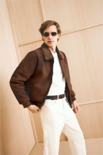 Slim Fit Lined Suede Polo Collar Pockets Puffer Jacket