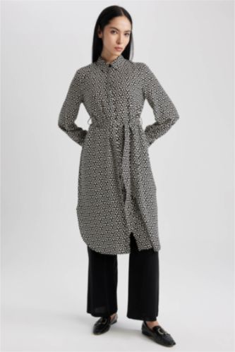 Regular Fit Shirt Collar Printed Long Sleeve Tunic