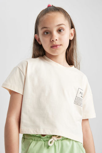 Kız Çocuk Crop Cep Baskılı Kısa Kollu Tişört