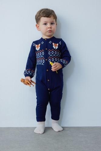 Baby Boy Newborn Fox Patterned Knitted Jumpsuit