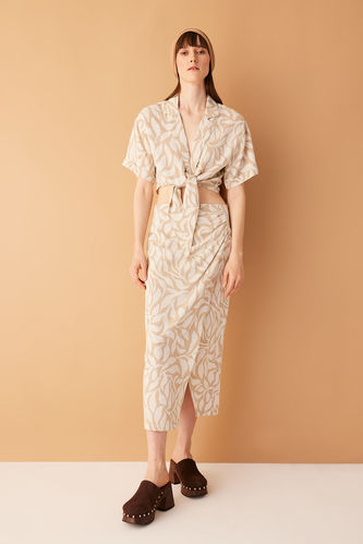 Printed Normal Waist Linen Blend Midi Skirt