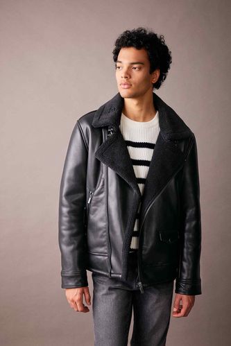 Slim Fit Lined Faux Leather Jacket