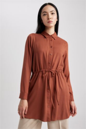 WOMAN Light Brown Regular Fit Viscose Shirt Collar Long Sleeve Tunic