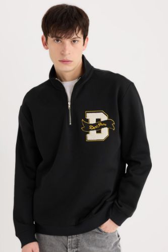 Regular Fit Dik Yaka Fermuarlı Baskılı Sweatshirt