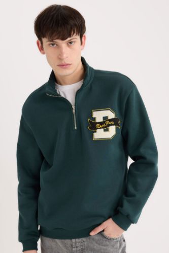 Regular Fit Dik Yaka Fermuarlı Baskılı Sweatshirt