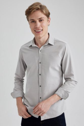 Slim Fit Dar Kesim Pamuklu Basic Düz Uzun Kollu Gömlek