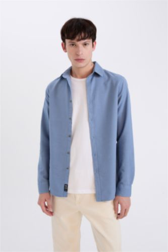 رجالي أزرق قميص قطن كم طويل سليم فيت