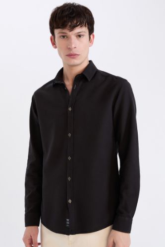 Slim Fit Dar Kesim Pamuklu Basic Düz Uzun Kollu Gömlek