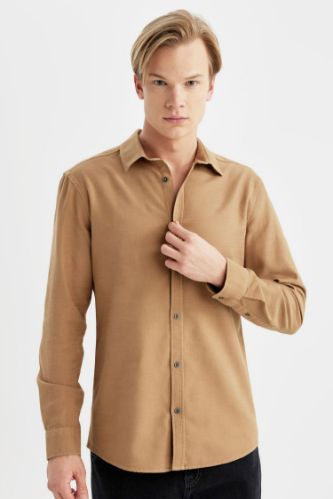 Slim Fit Dar Kesim Pamuklu Basic Düz Uzun Kollu Gömlek