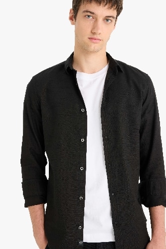 Slim Fit Dar Kesim Pamuklu Basic Düz Uzun Kollu Siyah Gömlek
