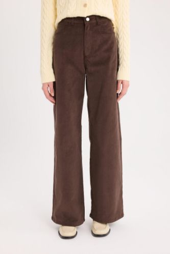 Wide Leg Fitilli Kadife Kışlık Pantolon Yüksek Bel Geniş Bol Paça Basic Düz Cepli