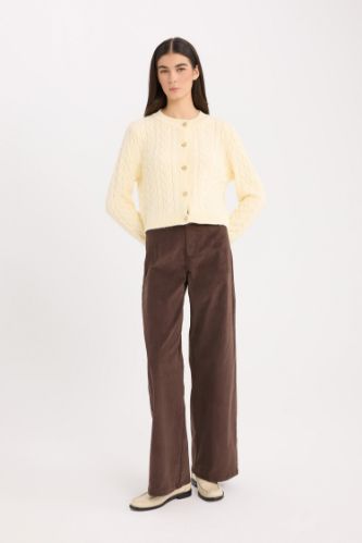 Wide Leg Fitilli Kadife Kışlık Pantolon Yüksek Bel Geniş Bol Paça Basic Düz Cepli