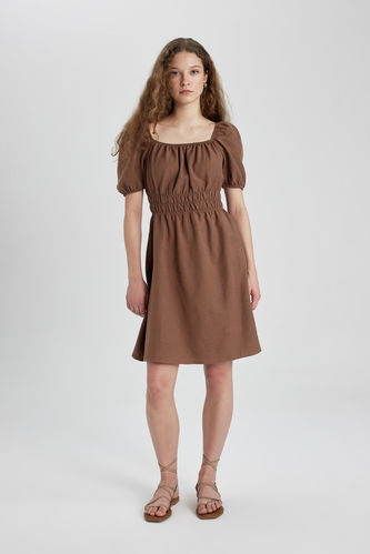 Square Collar linen Mini Short Sleeve Woven Dress