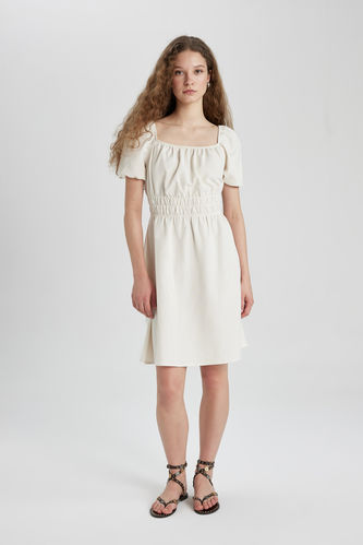 Square Neck Linen Short Sleeve Mini Dress