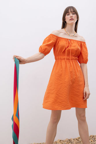 Women French Hollow Jacquard Square Neck Balloon Sleeve Dress - The Little  Connection