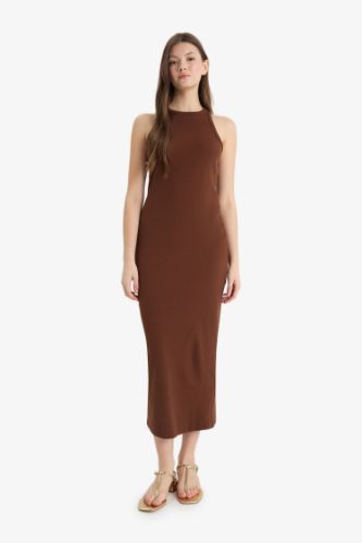 Bodycon Vücudu Saran Halter Yaka Fitilli Kaşkorse Kolsuz Maxi Elbise