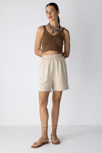 Paperbag Waist Wide Leg Linen Blended Shorts