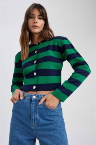 WOMAN Green Regular Fit Striped Cardigan