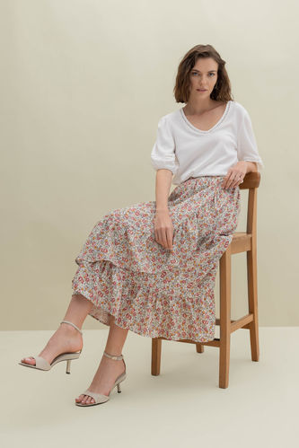 A Cut Patterned Ruffle Midi Skirt
