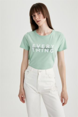Koton T-Shirt Donna Manica Corta Con Scritta Slogan – Scollo Rotondo, Colore Antracite, Taglia L