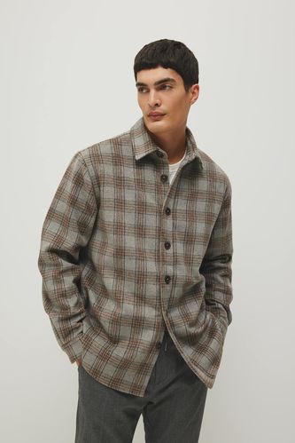 Relax Fit Polo Collar Thick Fabric Checked Shirt Jacket