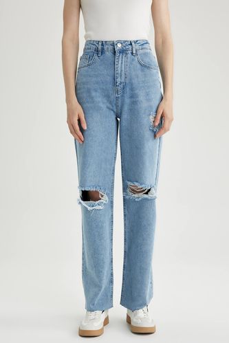 90 Wide Leg Ripped Detailed Long  Cotton Jeans