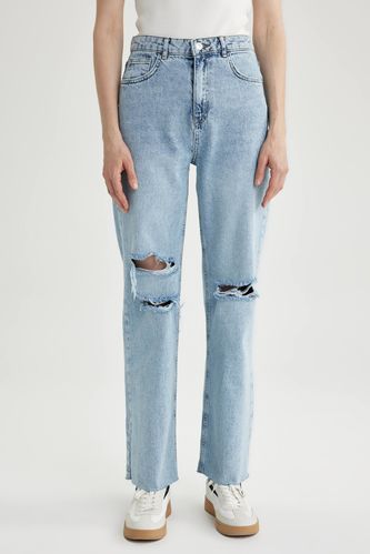 90 Wide Leg Ripped Detailed Long  Cotton Jeans