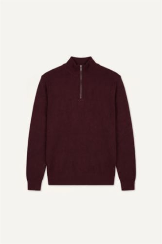 Erkek Bordo Standart Fit Yarım Fermuarlı Triko Kazak