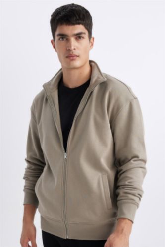 MAN Khaki Comfort Fit Thick Sweatshirt Fabric Cardigan