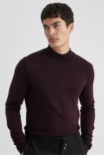HOMME Bordeaux Pull Tricot Coupe Régulière Demi-Col roulé