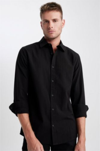 Slim Fit Polo Collar Cotton Basic Long Sleeve Shirt