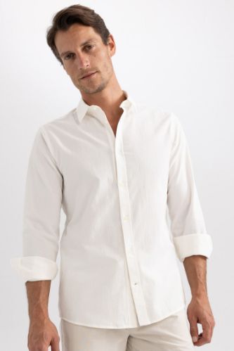 Slim Fit Dar Kesim Polo Yaka Pamuklu Basic Düz Uzun Kollu Gömlek