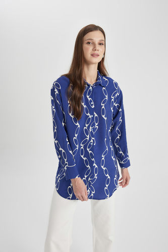 Relax Fit Shirt Collar Printed Long Sleeve Tunic