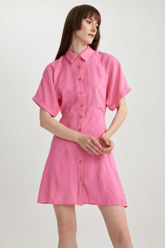Gömlek Yaka Modal Kısa Kollu Pembe Mini Elbise