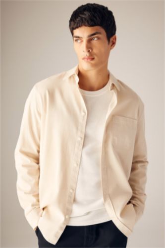 HOMME Beige Chemise Coupe Régulière Col Polo à  Manches Longues