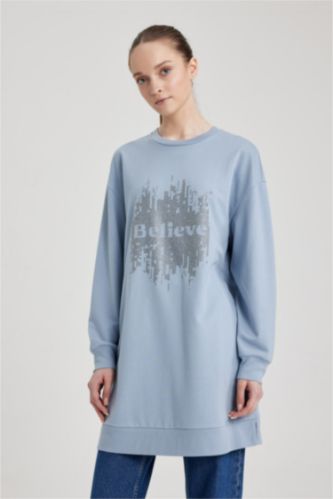 WOMAN Light Blue Regular Fit Crew Neck Embroidered Sweatshirt Tunic