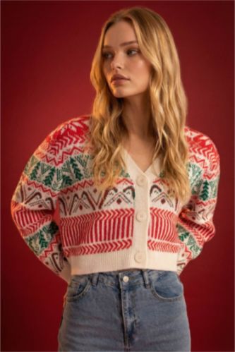 Christmas Themed V Neck Buttoned Knit Cardigan