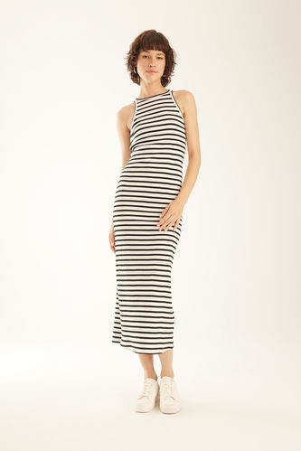 Bodycon Halter Collar Striped Camisole Maxi Short Sleeve Knitted Dress