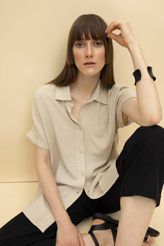 Regular Fit Shirt Collar Linen Blend Short Sleeve Shirt