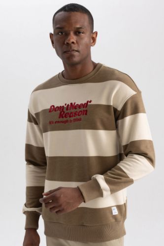 Boxy Fit Bisiklet Yaka Çizgili Baskılı Sweatshirt