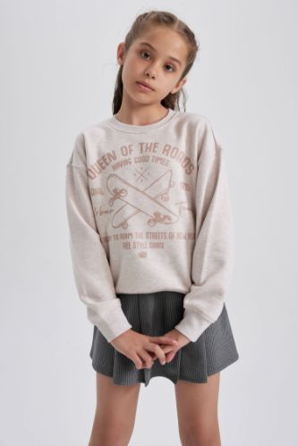 GIRLS & TEENS Beige Melange Regular Fit Crew Neck Sweatshirt