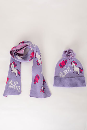 Girl Unicorn Patterned Scarf and Beret 2 Piece Set