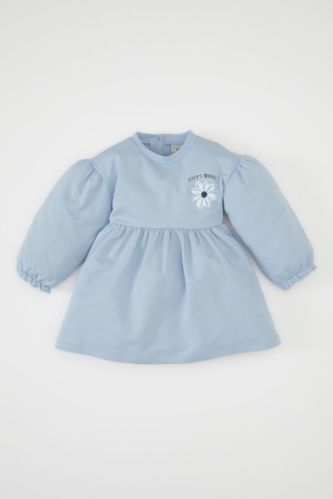 Kız Bebek Bisiklet Yaka Çiçek Baskılı Uzun Kollu Sweatshirt Elbise