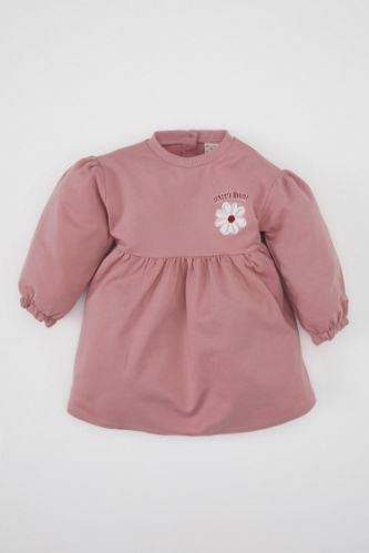Kız Bebek Bisiklet Yaka Çiçek Baskılı Uzun Kollu Sweatshirt Elbise