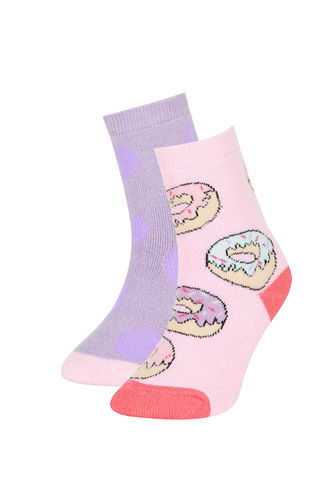 Kız Çocuk Donut Baskılı 2'li Pamuklu Havlu Çorap