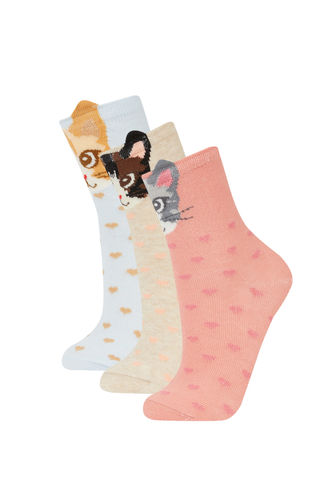 Kız Çocuk Kedi Desenli 3'lü Pamuklu Uzun Çorap